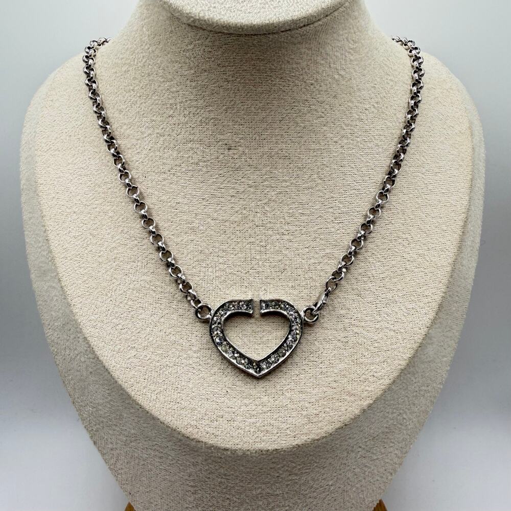 Crystal Open Heart Necklace 11" Silver Rolo Chain Y2K Rhinestone Heart Choker - Picture 3 of 5